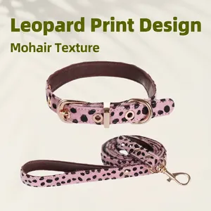 Leopard Print Pony Hair Pet Collar Harness And Leash For Dogs Cats Fashion Adjustable Faux Leather Gold Metal Buckle