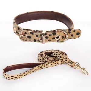 Stylish leopard print pony hair dog collar and matching leash set with durable gold buckles