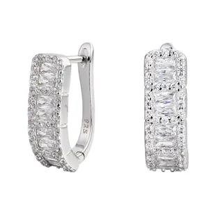 S925 sterling silver U-shaped hoop earrings with brilliant baguette cut cubic zirconia