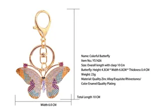 Detailed size and material specifications for the colorful rhinestone butterfly keychain