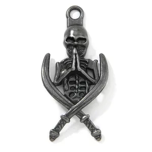 Vintage silver skeleton pendant with crossed swords for DIY jewelry and keychain making