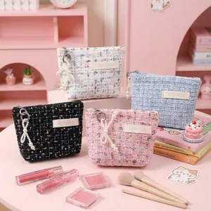 Tweed Coin Purse Mini Makeup Bag With Artificial Pearl Charm Sequin Elegant Portable Storage For Lipstick Women