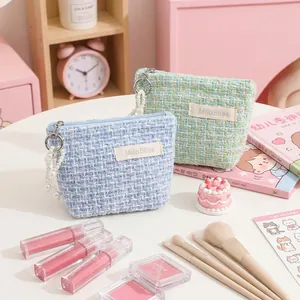 Tweed small cosmetic pouch for makeup and coins with decorative pearl keychain