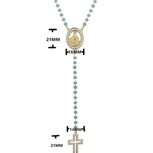 18K gold plated stainless steel beaded Y-necklace featuring Virgin Mary medal and cross pendant