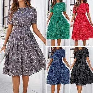 Robe Midi Élégante à Pois Femme Mousseline Polyester Manches Courtes Col Rond Ligne A Avec Ceinture Robe Été Décontractée