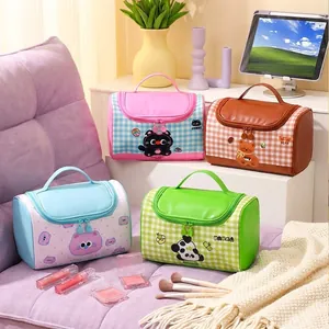 Checkered Cartoon Cat Panda Makeup Bag PU Leather Oxford Cloth Large Capacity Travel Toiletry Organizer Portable Pouch
