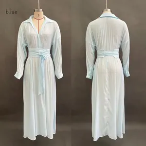Elegant French style light blue pleated maxi dress with waist tie, front and back view