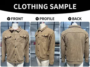 Brown corduroy shirt jacket shown from the front, side, and back views