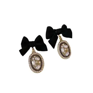 French retro black fabric bow earrings with elegant pearl and crystal drop pendants
