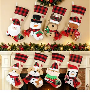 Festive set of 8 burlap Christmas stockings with 3D cartoon characters and plaid cuffs.