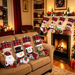 Set of 3D Christmas stockings with Santa, Snowman, and Reindeer in a cozy room.
