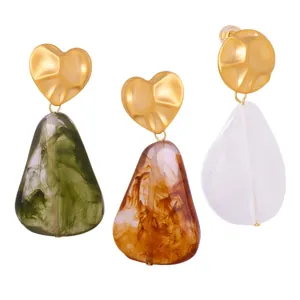 Vintage gold heart studs with marbled resin teardrop pendants in green and amber