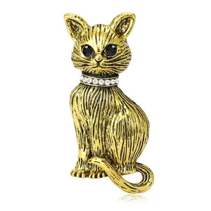 Vintage Alloy Cat Brooch For Women Antique Gold Silver Color Rhinestone Animal Lapel Pin For Clothing Scarf Decorative Jewelry