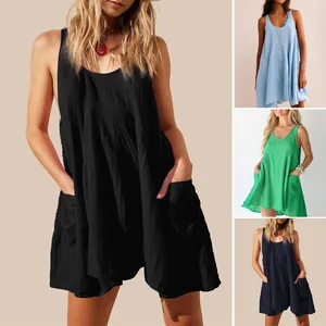 Women Sleeveless Mini Dress Polyester Solid Color A-Line Loose Fit With Pockets Back Strappy Summer Vacation Casual