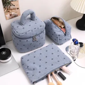 Corduroy Heart Print Makeup Bag Large Capacity Travel Cosmetic Storage Organizer Portable Toiletry Pouch Heart Zipper
