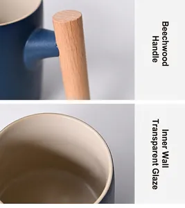 Macro detail of beech wood handle and smooth inner glaze of minimalist ceramic mug