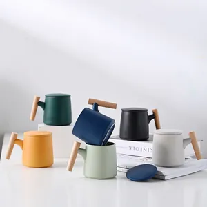 Minimalist Ceramic Mug With Beech Wood Handle Matte Frosted Coffee Tea Cup Including Lid And Filter Nordic Office Home Gift
