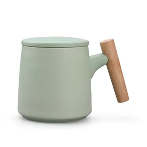 Minimalist frosted ceramic mug with natural wooden handle and lid in sage green