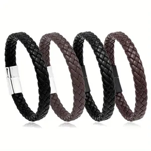 Ensemble de bracelets en cuir tressé à la mode avec fermoirs magnétiques noirs et marron