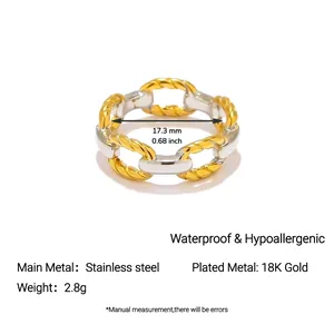 Detail view of 18k gold plated stainless steel two-tone ring with size parameters