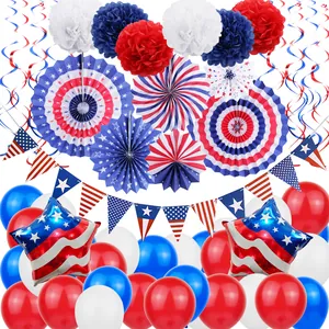 Full set of American flag party decorations with balloons, paper fans and banners