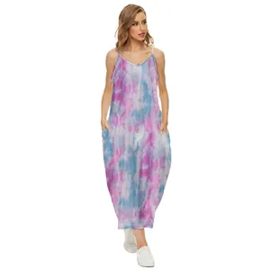 Bohemian pink and blue tie-dye V-neck camisole maxi dress with functional side pockets