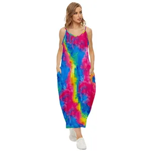 Stylish colorful 3D tie-dye print V-neck spaghetti strap maxi dress with pockets for women