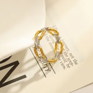 Elegant two-tone stainless steel chain link ring with 18k gold plating for women