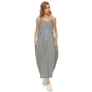 Grey V-neck spaghetti strap maxi dress with 3D cross print and loose fit design.