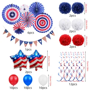 Detailed layout of USA flag party decoration set including fans, balloons and banners.