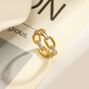 Minimalist Stainless Steel Two-Tone Chain Ring For Women 18K Gold Plated Geometric Geometric Link Ring Fashion Jewelry Gift