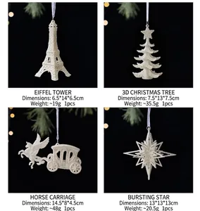 Vue détaillée des ornements de sapin de Noël blancs pailletés avec dimensions précises