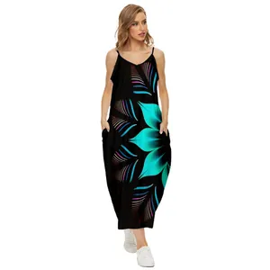 Loose 3D floral print maxi slip dress with V-neckline and side pockets for women