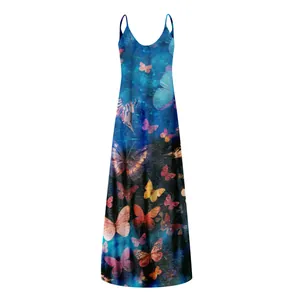 Elegant sleeveless summer maxi dress with colorful butterfly print and V-neckline.