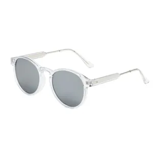 Detailed close-up of retro round sunglasses featuring a clear frame and silver lenses.