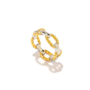 Minimalist stainless steel two-tone chain link ring with 18k gold plating for women