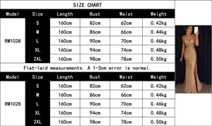 Size chart and measurement table for the elegant gold sequined evening gown with slit