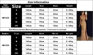 Size chart and measurement table for the elegant gold sequined evening gown with slit