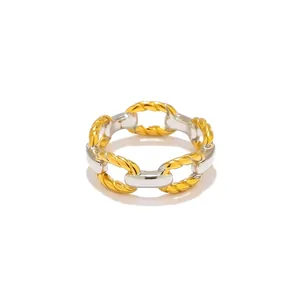 Two-tone 18k gold plated stainless steel twisted rope chain ring for women in high quality.