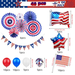 Set of 48 American flag themed party decorations including balloons paper fans and banners