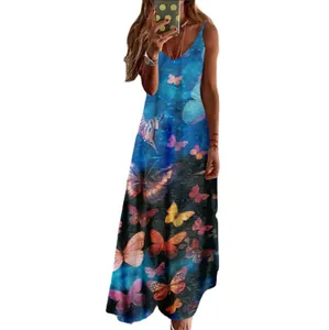 Summer sleeveless V-neck maxi dress for women featuring a vibrant butterfly print