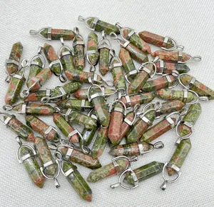 Bulk natural unakite hexagonal point crystal bullet pendants for jewelry making
