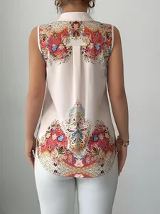 Detailed back view of a white sleeveless shirt featuring colorful ethnic floral prints