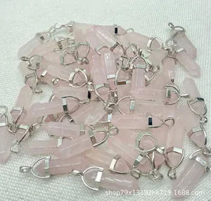 Assorted natural rose quartz hexagonal pillar bullet crystal stone pendants in bulk