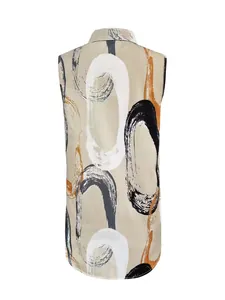 Back view of casual women's sleeveless shirt with abstract brushstroke print in beige