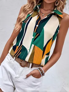 Sleeveless geometric print button-up shirt for women, casual summer top with collar