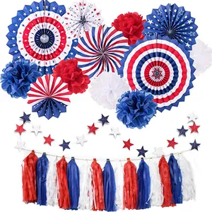 Patriotic red white and blue paper fans pom-poms and star garlands for party decor