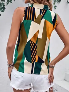 Close-up back view of women's sleeveless casual shirt with colorful geometric prints