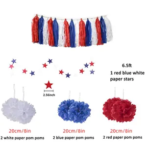 Independence Day party decorations set featuring red blue white paper pom poms and stars