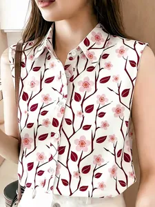 Detailed view of women's sleeveless floral print button-up shirt in breathable fabric